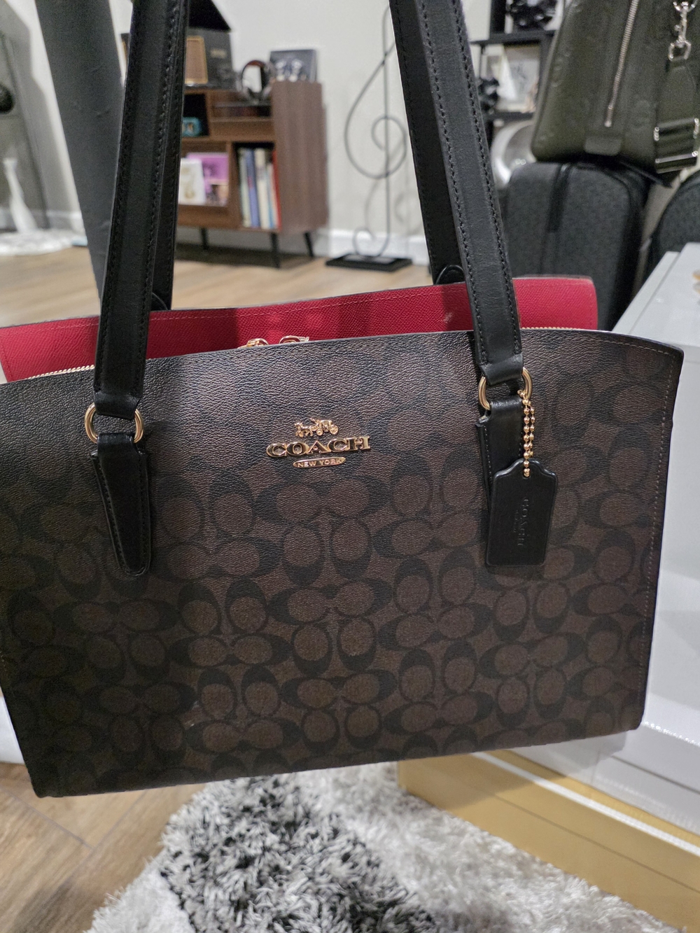 Coach Women's Signature Large Brown Tote with Red Interior